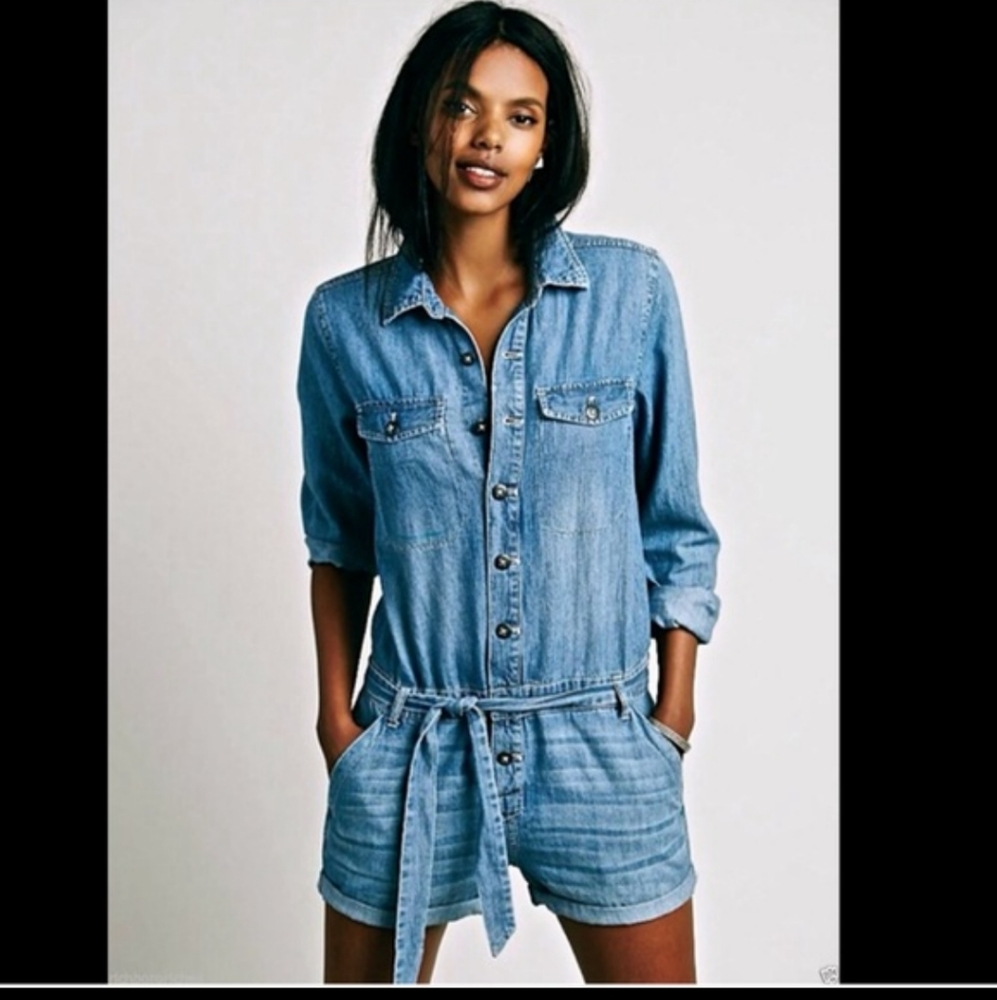 Free People Chambray Denim Drapey Romper C…